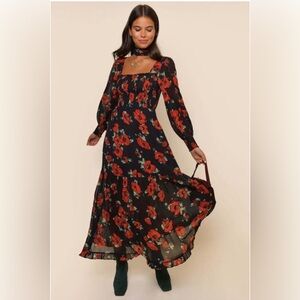 Rixo black red floral Yas long sleeve midi square neck dress size L or 10